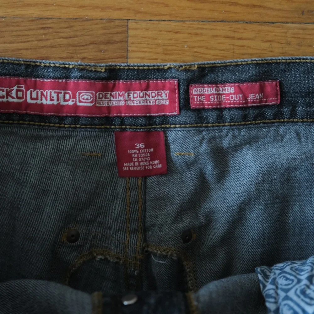 Ecko Unltd Jeans Mens 36 Black Patchwork Side-Out Y2K Streetwear Baggy Denim